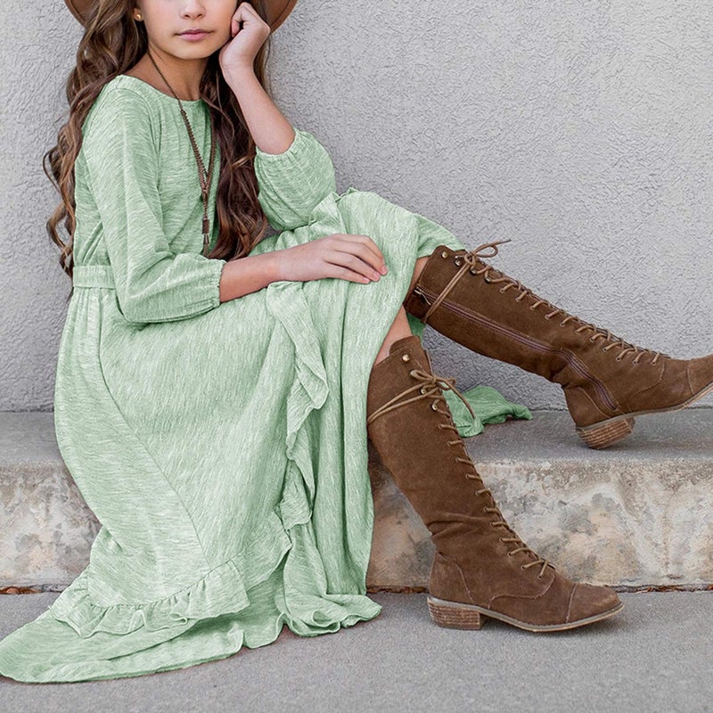 MITILLY Girls Loose Plain 3/4 Sleeve Casual Pocket Ruffle Swing Long Maxi Dress with Belt 12 Years Green - Image 4
